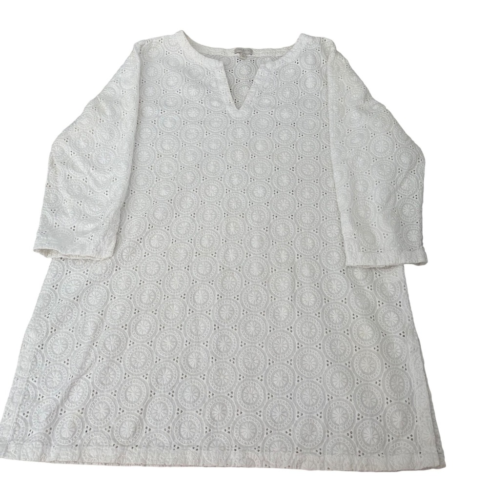 Talbots White Eyelet Tunic Top XL Medallion Geometric Split Neck 3/4 Sleeve